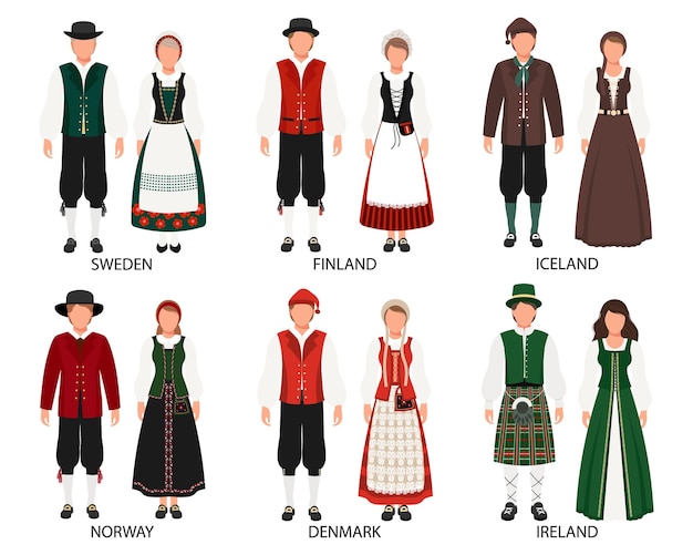 A set of couples in folk costumes of European countries Sweden Finland Denmark Norway Iceland