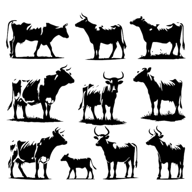 Vector set of cow silhouettes isolated on a white background