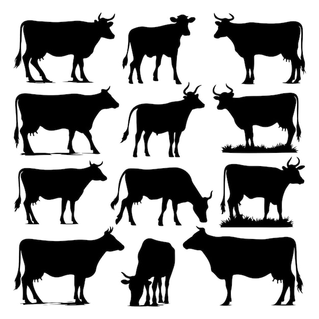 Vector set of cow silhouettes isolated on a white background