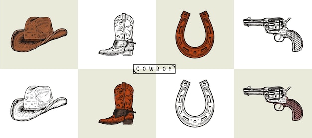 Set of cowboy elements with hat boots horseshoe saddle revolver and headscarf Various objects