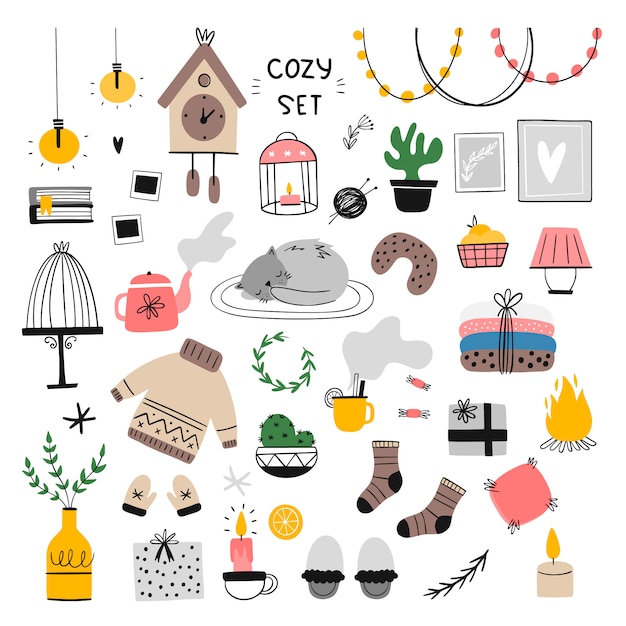 Set of cozy home elements illustration.