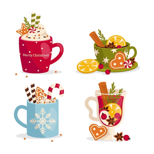 Vector set of cozy mugs with hot drinks winter time christmas drink vector graphic