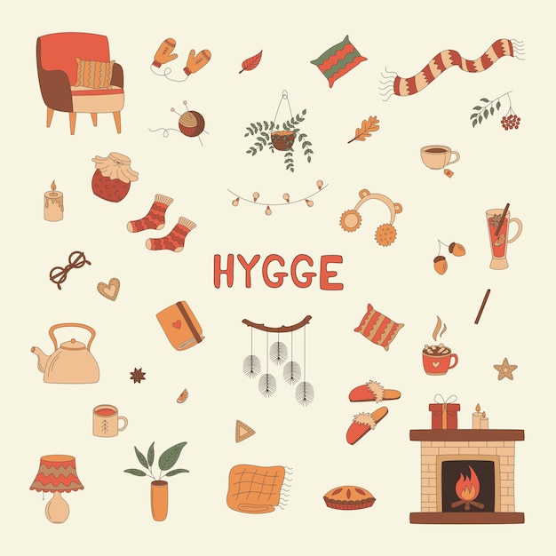 Set of cozy things Hygge An armchair a fireplace warm clothes hot drinks pie autumn leaves and more