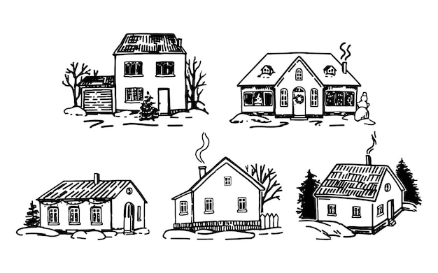 Set of cozy winter time houses Doodles of snowcovered country houses Hand drawn vector illustrations Outline clip arts collection isolated on white