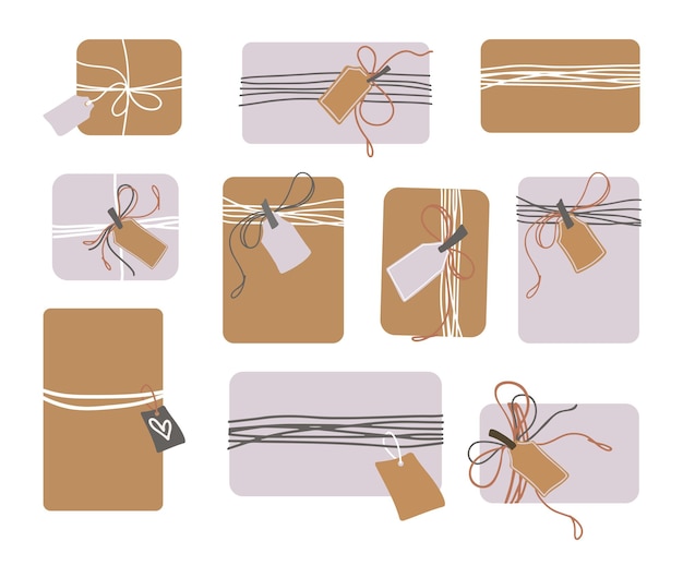 Vector set of craft packaging gifts. zero waste concept. present boxes with craft wrapping paper.