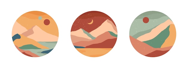 Set of creative abstract mountain landscape and mountain range round icons.Trendy templates for stories.Mid century modern vector illustrations with hand drawn mountains,sea or desert,sky,sun,moon.