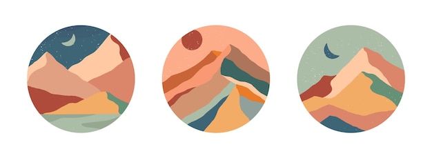 Set of creative abstract mountain landscape and mountain range round icons