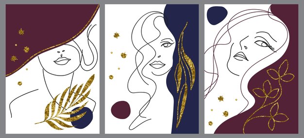 Vector a set of creative hand painted one line abstract female portraits complemented by golden floral elements minimalist vector people icon for postcard poster brochure cover design web social mediax9