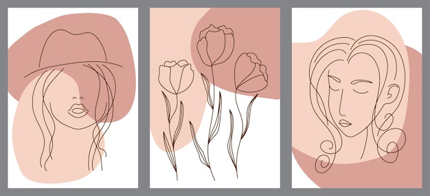 Set of creative hand painted one line abstract shapes. Minimalistic image icons: female portrait, flowers, leaves. For postcard, poster, placard, brochure, cover design, web.