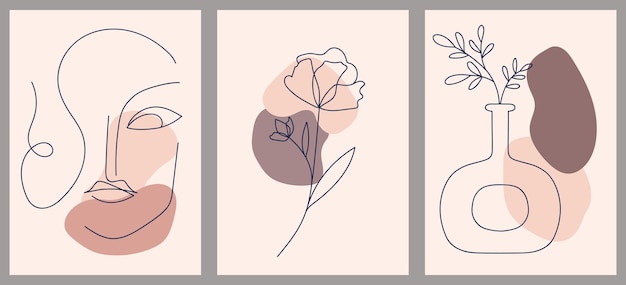 Set of creative hand painted one line abstract shapes Minimalistic image icons female portrait flowers leaves For postcard poster placard brochure cover design webx9