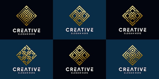 set of creative logo design for business company with line art and golden style color