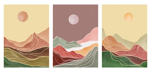 Set of creative minimalist hand painted illustrations of Mid century modern Abstract mountain contemporary aesthetic backgrounds landscapes with mountain and line art