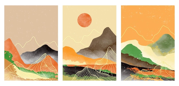 Set of creative minimalist hand painted illustrations of Mid century modern art. Natural abstract landscape background. mountain, forest, sea, sky, sun and river