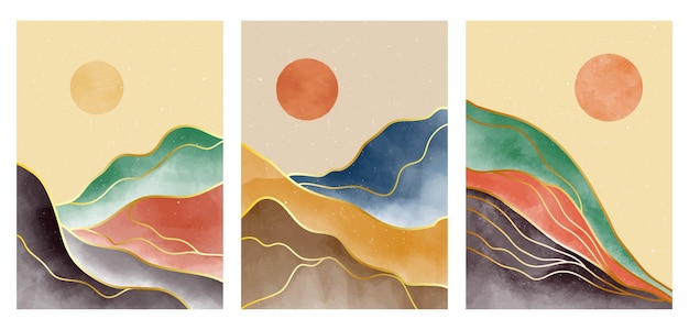 Set of creative minimalist hand painted illustrations of Mid century modern. Natural abstract landscape background. mountain, forest, sea, sky, sun and river