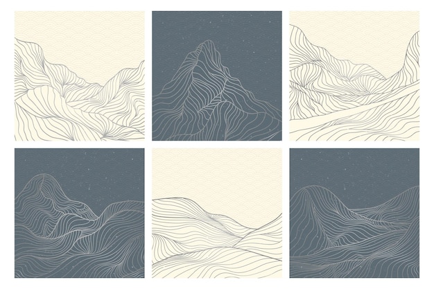 Set of creative minimalist modern line art print. Abstract mountain contemporary aesthetic backgrounds landscapes. with mountain, forest, sea, skyline, wave. vector illustrations