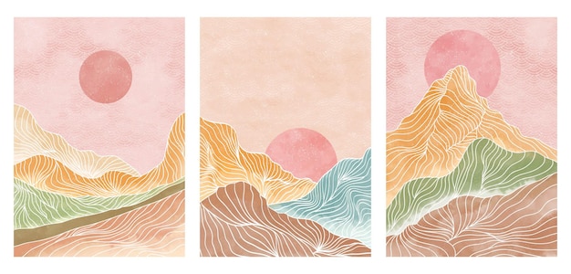 Set of creative minimalist modern line wave pattern vector art print. Abstract mountain contemporary aesthetic backgrounds landscapes. with mountain, forest, sea, skyline, wave. vector illustrations