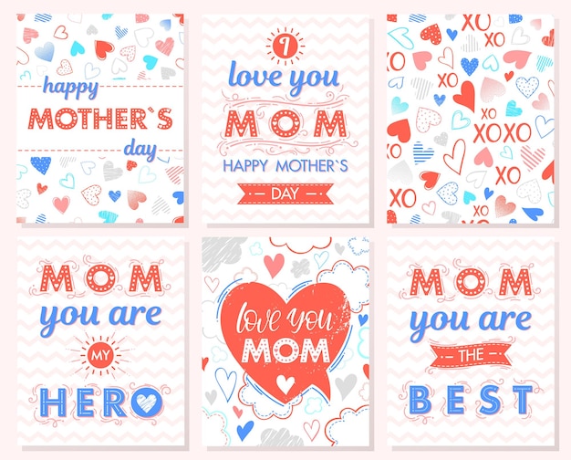 Set of creative Mothers Day cardsHand drawn lettering with hearts