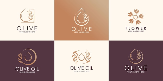 Set of creative natural, olive oil, flower and leaves. Combination logo