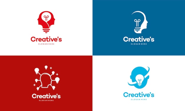 Set of Creative People logo with light bulb concept vector, human head bulb lamp logo vector idea