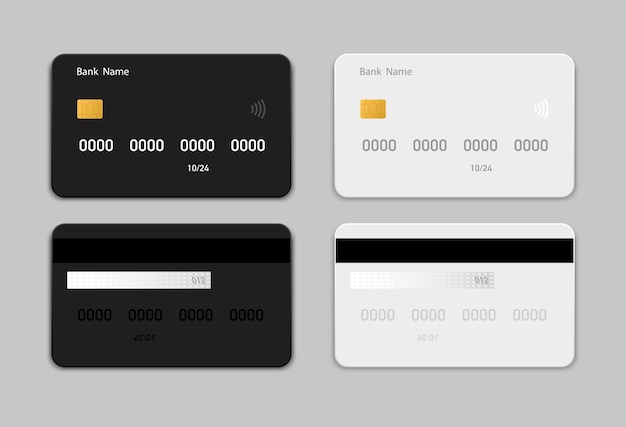 Set credit (debit) black and white card in flat style. Credit card templates design for presentation. Flat credit cards isolated on gray background.