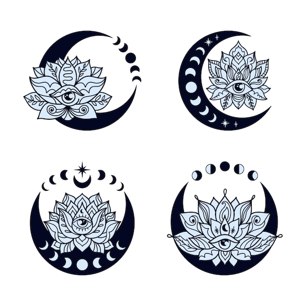 Set of crescent moons and lotus flowers.