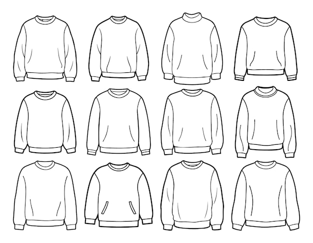 Vector set of crew neck long sleeve sweatshirt line art vector illustration