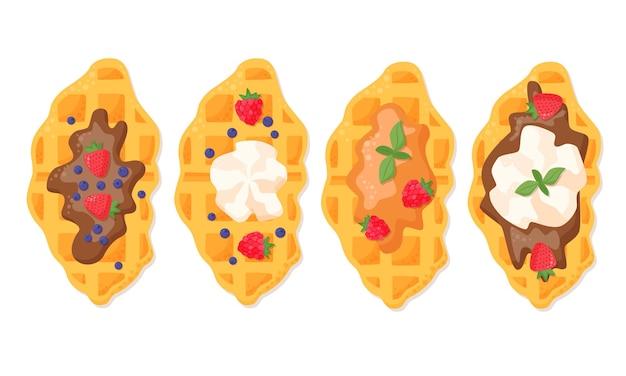 Set of croffle with different sweet topping. Baked croissant waffle menu. Flat vector illustration.