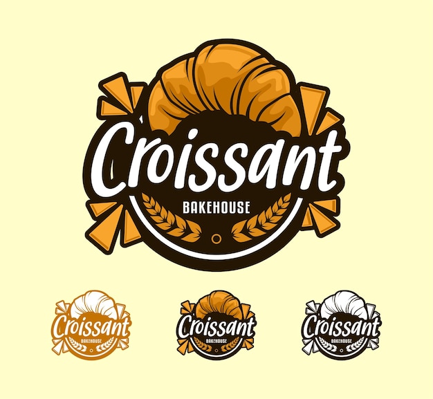 Set of croissant bakehouse vector design logo baking illustration hand drawn bakery with typography