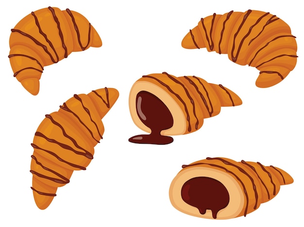 Set of croissant poured with chocolate Vector illustration of sweet pastries