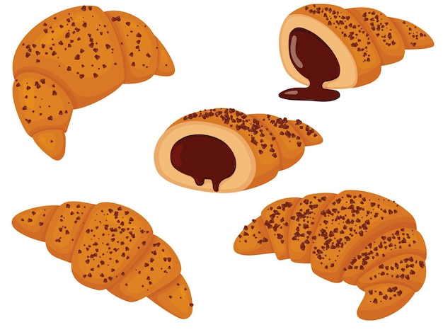 Set of croissant with chocolate chips Vector illustration of sweet pastries