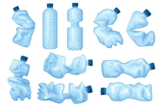 Vector set of crumpled bottles in flat cartoon design the image shows a variety of plastic bottles