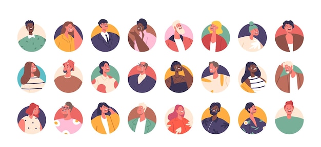 Set Crying Male and Female Character Avatars Men and Women Portraits Round Icons Depict Various Emotional Expressions Of Sadness Capturing Tears And Deep Emotions Cartoon People Vector Illustration