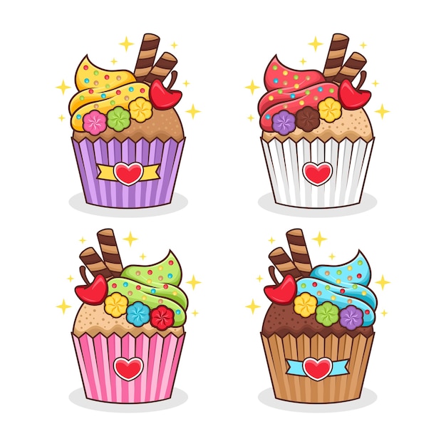 Set of cupcake cartoon illustration  