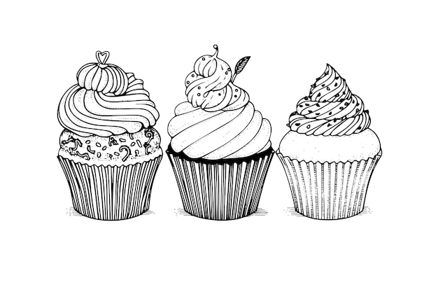 Set of cupcake in engraving style Ink sketch isolated on white background Hand drawn vector