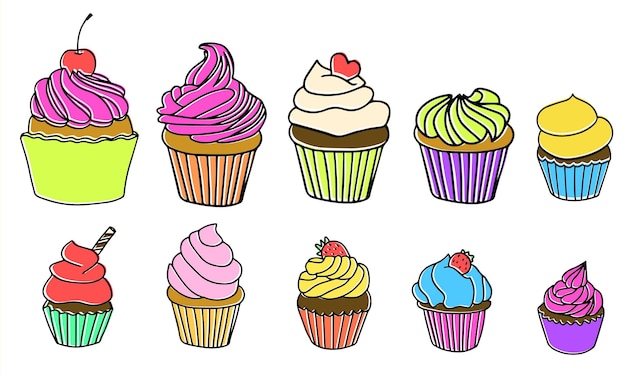 Set of cupcake in hand draw style outline in color. Vector illustration.