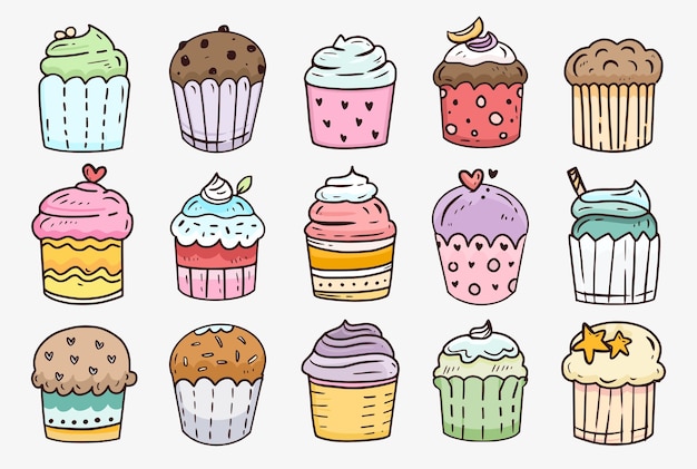 Set of cupcakes cartoon doodle drawing set collection