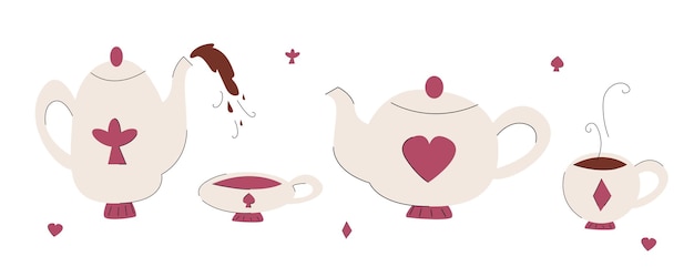 Set of cups and teapots from Alice in Wonderland in a hand drawn style