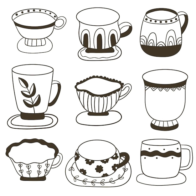 Set of cups with tea or coffee Collection of  mugs filling by beverages Cute crockery for drink