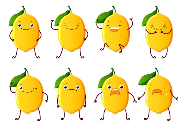 Set cut lemon characters. Cute fruit vector characters isolated