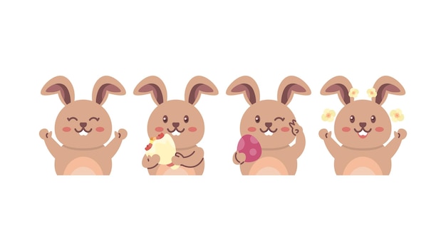 set of cute and adorable Easter bunny illustrations brown rabbit character flat style