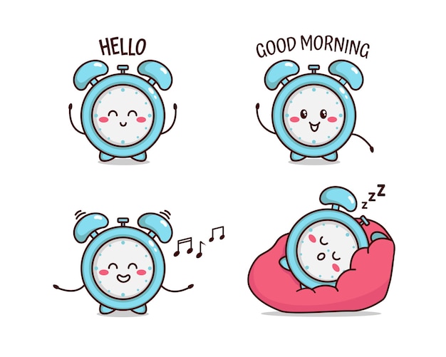 Set of cute alarm greeting sleeping singing character illustration