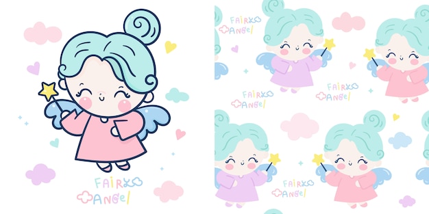 Set Cute angel cartoon and fairy princess seamless pattern