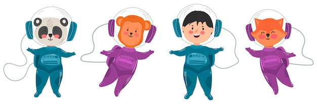 Set of cute animal astronauts cartoon style vector illustration isolated in white background Cartoon cosmonauts fox panda monkey boy in space suites