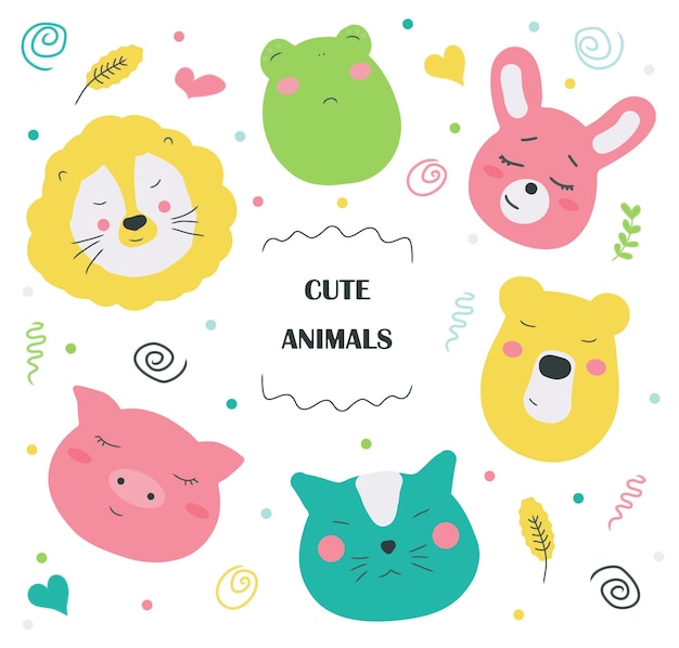 Set of Cute animal faces Hand drawn colored avatars stickers