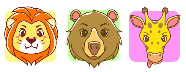 Vector set cute animal faces lion bear giraffe cartoon vector icon illustration mascot animal isolated