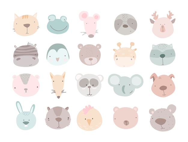 Set of cute animal heads Cartoon zoo Collection of cute animal characters