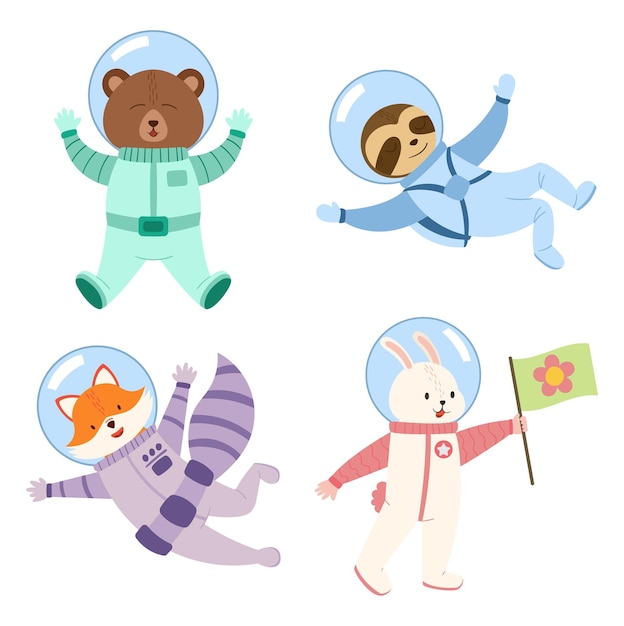 Set Of Cute Animals Astronauts In Space Funny Sloth Bear Fox And Rabbit Cosmonauts Wear Space Suits Flying