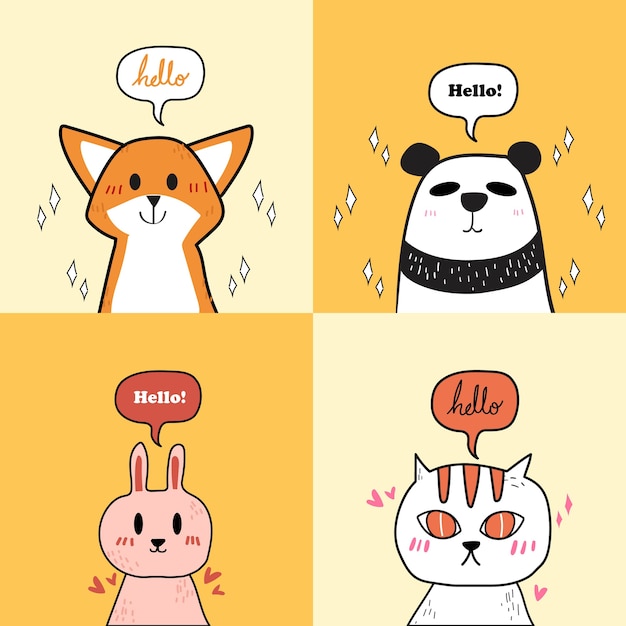 Set of cute animals:cat,panda,rabbit and fox.