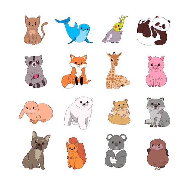 Set of cute animals. Children's illustrations for creating stickers, postcards, books.