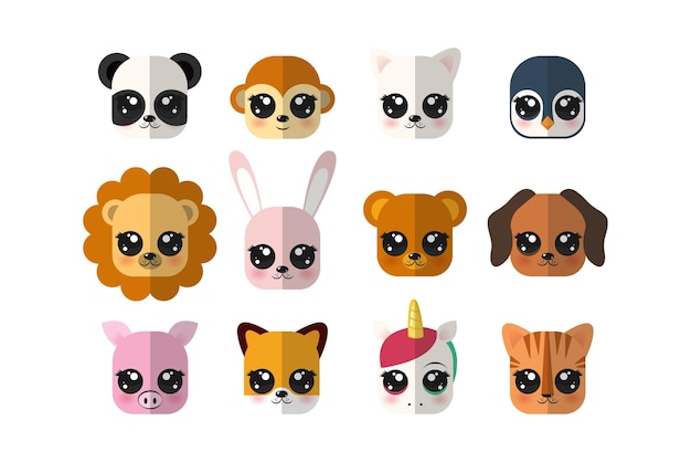 Set of Cute Animals Face Illustration. The set consists of twelve cute kawaii faces.